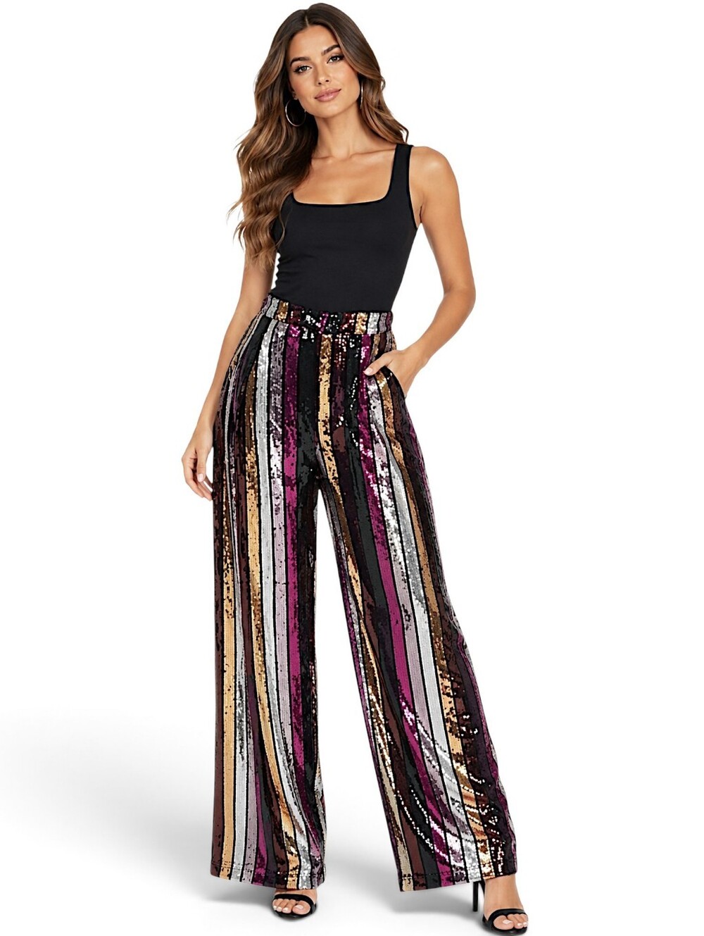Women's Striped Wide Leg Sequin Pants